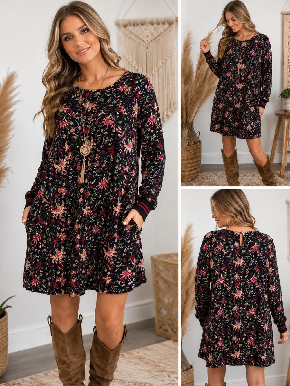 ESQUALO Floral Shift Dress Women’s Size US 8 EU 38 Black Pink Long Sleeve Boho
